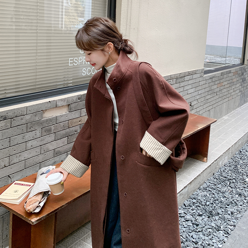 【图大货】安可拉红复古立领袖口拼接毛呢大衣6209P195控288，女装毛呢外套，依依服饰