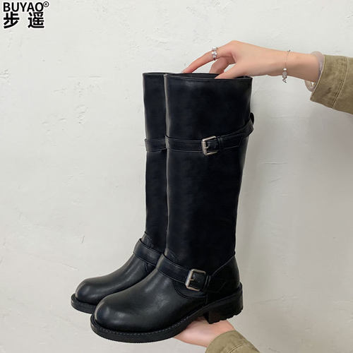 现货~牛皮版皮带扣时装黑色长靴不过膝高筒靴子女粗跟显瘦骑士靴