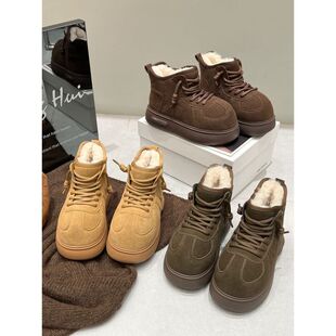 卡皮巴拉鞋大头雪地靴女2025新款冬季真皮磨砂加厚保暖毛毛棉鞋女