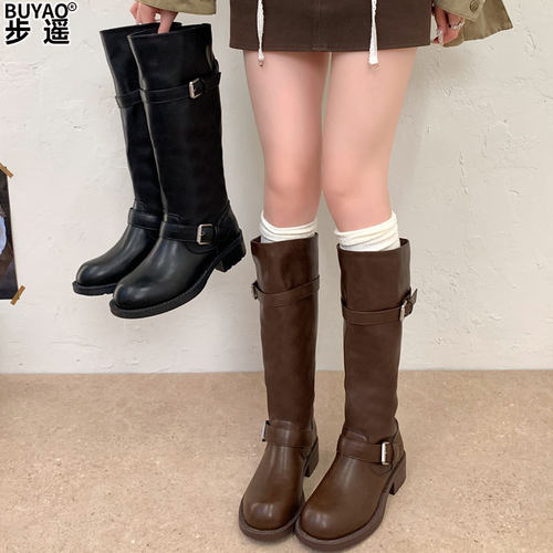 真皮复古风棕色长靴不过膝高筒靴子女粗跟厚底增高显瘦黑色骑士靴