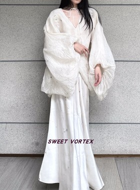 「SV现货」Mutedance 24SS 脏白色印染泡泡袖拼纱上衣+丝质半身裙