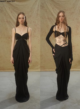 Deplumer 24SS 黑色露腰拼纱连衣裙/可脱卸袖上衣/挂腰鱼尾半身裙