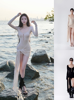 Tsuki曙月 张予曦/曾可妮同款 裸色/黑色不对称长袖U领绑带连体裤