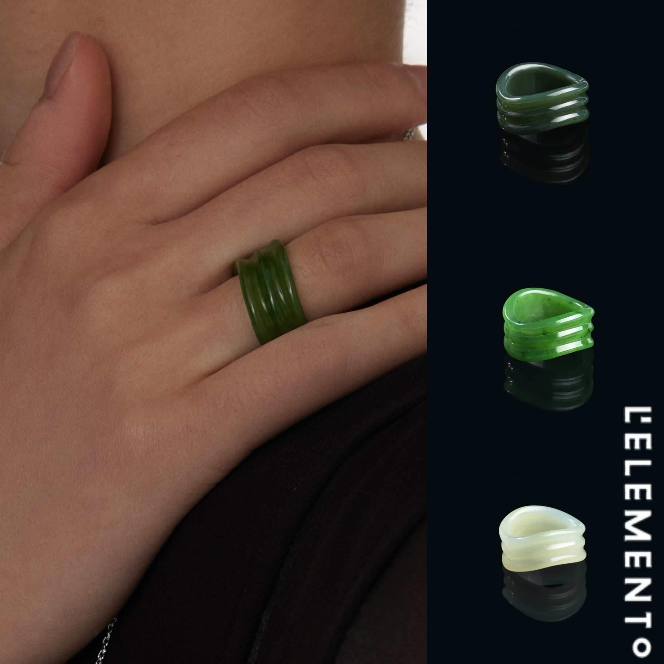 L'ELEMENTO 高珠款新中式「竹谱」和田青玉/碧玉/青白玉波纹戒指