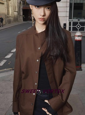 YIFU LU 24FW 白色/棕色立领正肩廓形裁片修身衬衫