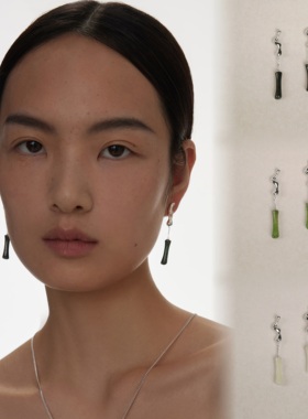 L'ELEMENTO 「竹节」和田青玉/和田碧玉/和田青白玉竹节拼色耳坠