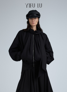 YIFU LU 25AW 秋冬新品 黑色围巾饰片羽绒夹克