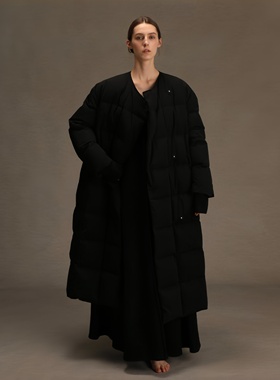 Ranyepersonal PARADOX25系列 黑色格纹长款休闲连帽可拆卸羽绒服