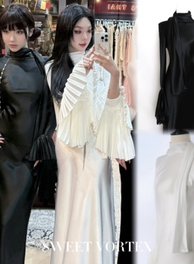 Tsuki曙月 Moonlight dress 白色/黑色丝光百褶袖露背绑带连衣裙