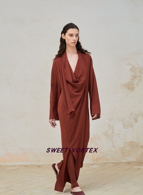 Cortana 深红色真丝系带连衣裙 多种穿法 仅1件