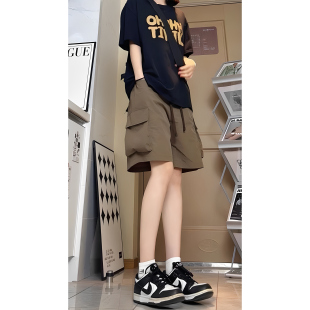 情侣防晒中裤 女潮牌美式 大码 五分裤 咖啡冰丝速干工装 子夏薄款 短裤