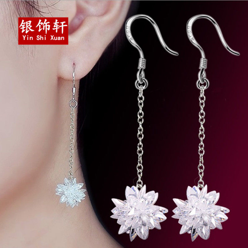 925纯银长款水晶耳坠气质女韩国甜美简约冰花耳钉个性耳环防过敏