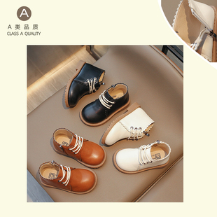 复古英伦风儿童皮鞋高帮软底小童单鞋2024春秋新款男童女童短靴子