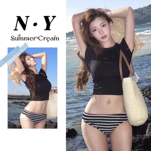 辣妹黑短袖 条纹分体比基尼三件套性感显瘦遮肉海边温泉度假泳衣女