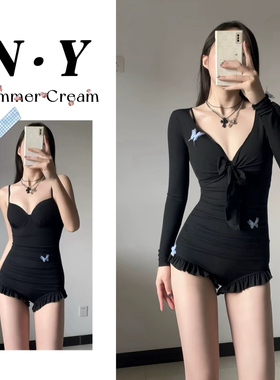 2025新款泳衣女款黑色连体遮肉显瘦聚拢钢托长袖保守泡温泉两件套