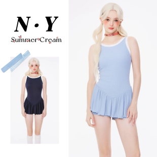 连体泳衣女沙滩裙显瘦遮肚海边度假游泳衣微胖女孩午夜蓝原创保守