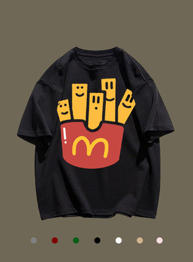 重磅纯棉韩版潮牌卡通薯条印花短袖t恤男女百搭bf风夏季宽松上衣