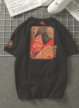 韩国ulzzang日系原宿BF风武士印花短袖T恤男女韩版百搭上衣情侣装