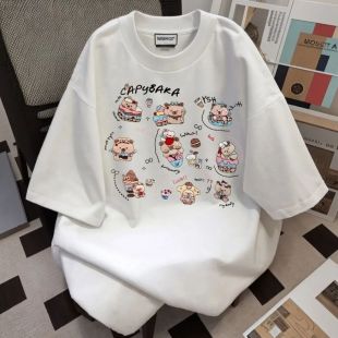 ins夏季 T恤情侣装 宽松上衣男女 休闲卡通小熊印花短袖 重磅纯棉韩版