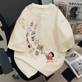 夏季 重磅纯棉港风休闲卡通蜡笔小新短袖 T恤情侣款 宽松ins上衣男女