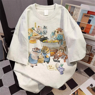 潮流宽松上衣男女 夏季 重磅纯棉港风卡通土拨鼠印花短袖 T恤情侣款