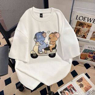 重磅纯棉港风潮流猫和老鼠印花短袖t恤情侣款休闲bf风夏季上衣男