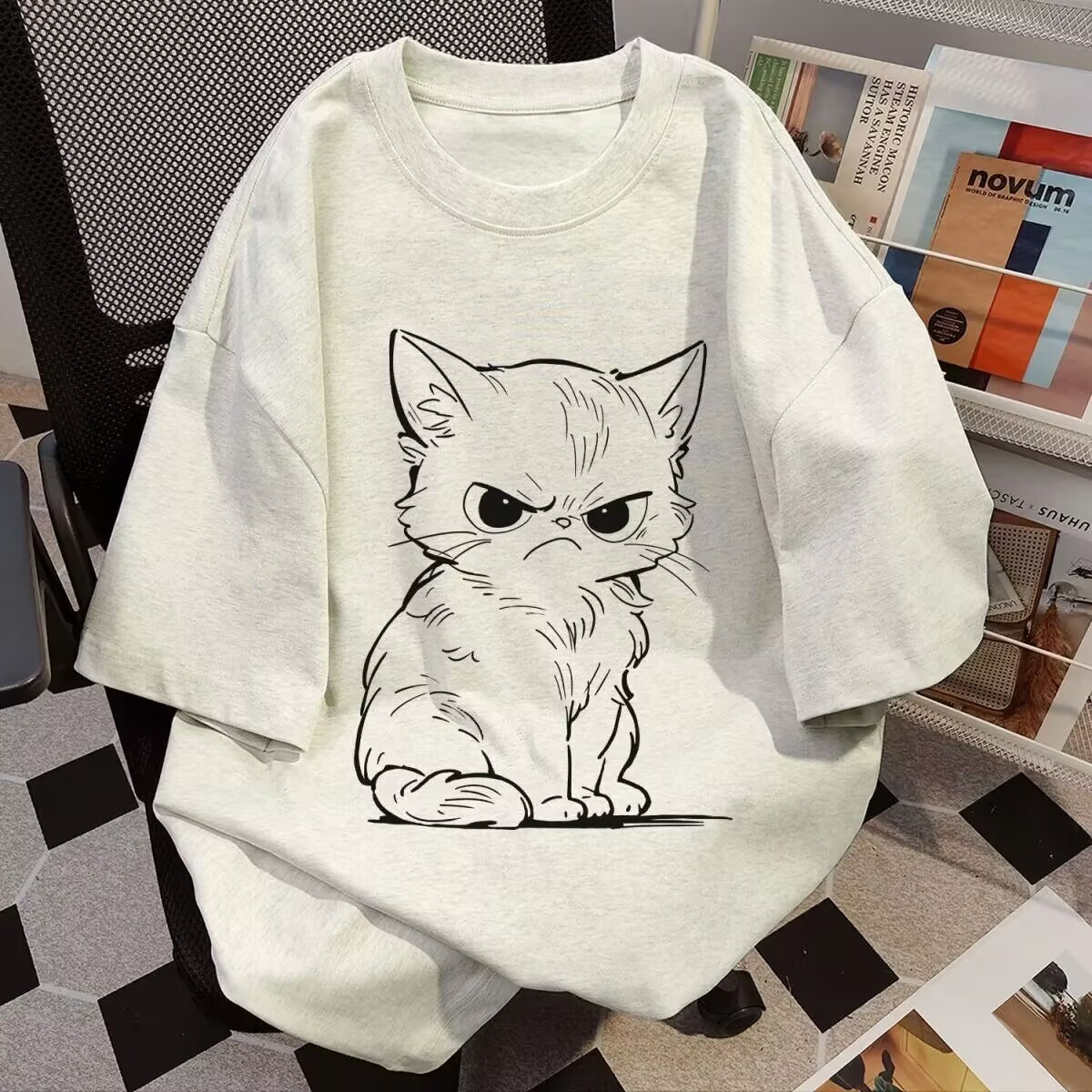 重磅纯棉港风简约猫咪印花短袖T恤情侣装休闲ins夏季宽松上衣男女