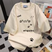 ins百搭慵懒风上衣 T恤男女宽松夏季 重磅纯棉韩版 趣味简约印花短袖