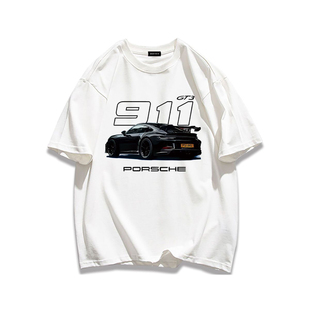 ins休闲夏季 t恤情侣装 上衣男女 复古汽车印花短袖 重磅纯棉潮牌美式