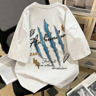 重磅纯棉韩版复古抓痕印花短袖T恤情侣款夏季休闲ins潮牌上衣男女
