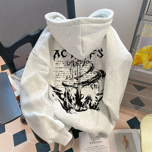 银狐绒韩版高街火焰剑字母印花连帽卫衣男女潮牌ins宽松秋冬外套
