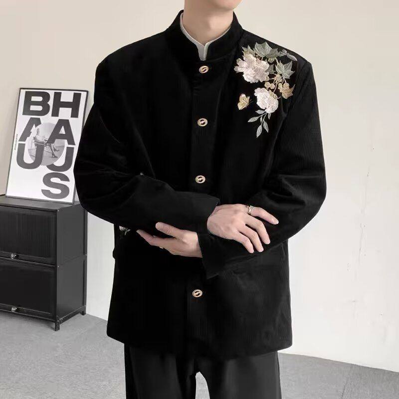 黑色花卉刺绣新中式轻国风上衣立领西装外套男cleanfit中山装西服