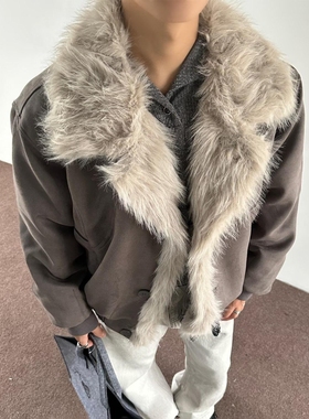 JNYLON设计师西伯利亚风复古静奢可脱卸大毛领仿皮夹克外套