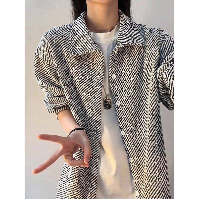 小香风雪尼尔条纹针织衬衫男秋季高级感翻领长袖衬衣cleanfit外套