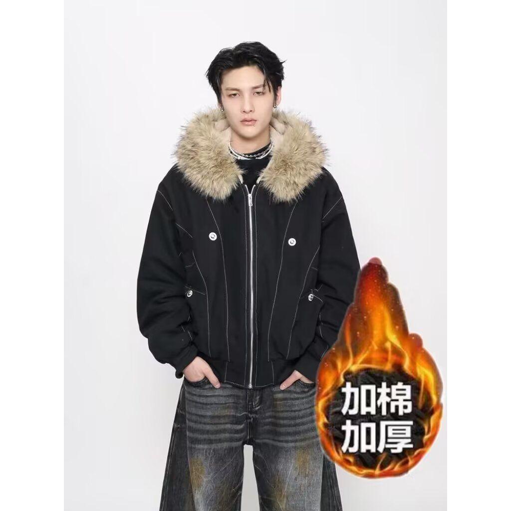 SREK 美式复古座山雕派克棉服外套男女冬季毛领连帽短款情侣棉衣