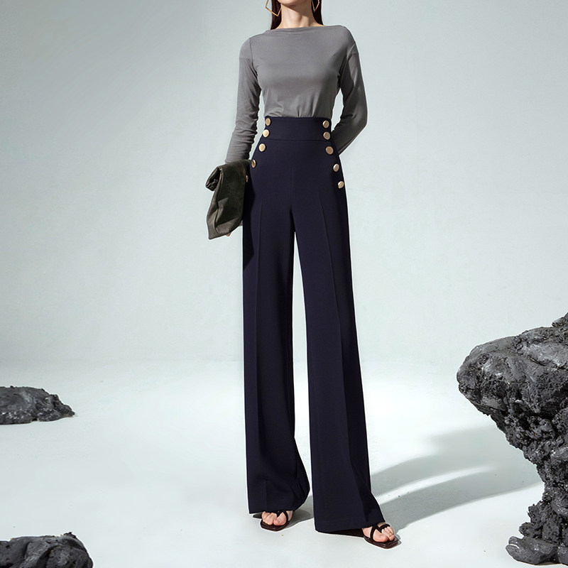 简非蓝超高腰阔腿裤2021秋冬加厚长裤毛呢直筒裤双排扣显瘦西装裤