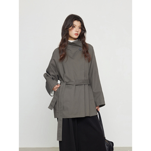 KEARA 棉立领风衣女巴恩风盐缩肌理感收腰外套宽松慵懒立领外套