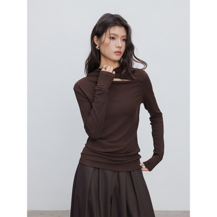 长袖 女新款 内搭T恤休闲 韩系氛围感不规则设计感咖色打底衫 KEARA