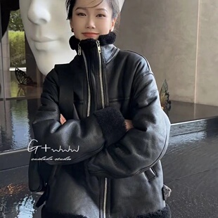 羊剪绒皮草外套 美利奴皮毛一体女立领拉链机车中长款 2023冬季 新款