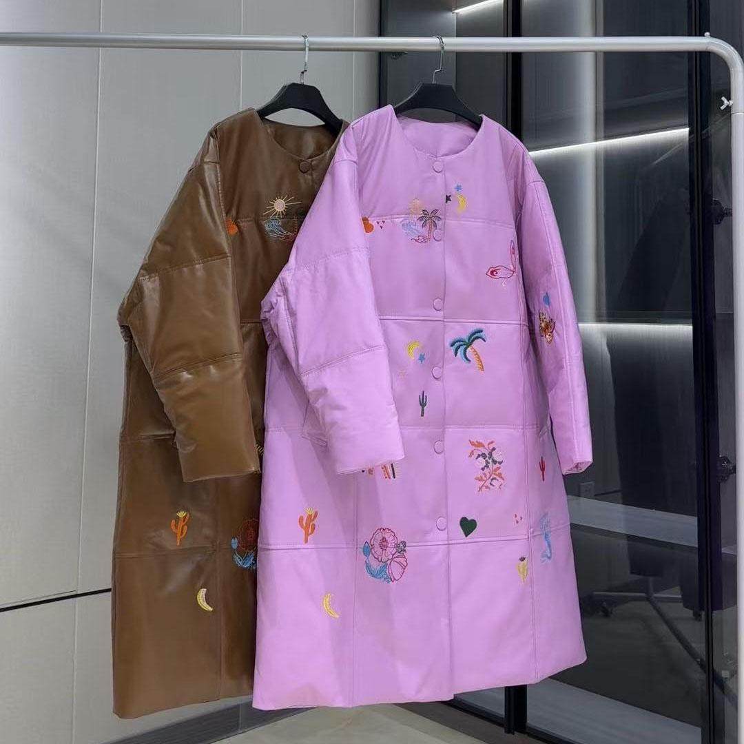 欧洲站2024秋冬新款真皮羽绒女圆领刺绣长款休闲绵羊皮保暖外套,女装/女士精品,皮衣,淘宝优惠券,粉丝福利购,淘宝优惠卷