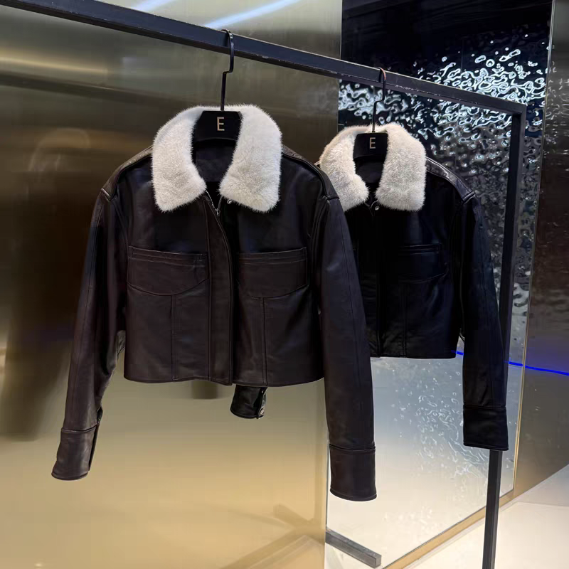 水貂毛领鹅绒真皮羽绒皮衣女秋冬新款短高腰进口绵羊皮外套,女装/女士精品,皮衣,淘宝优惠券,粉丝福利购,淘宝优惠卷