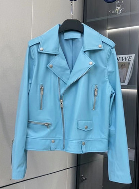 2023秋季新款真皮皮衣女翻领拉链蓝色休闲绵羊皮机车夹克外套
