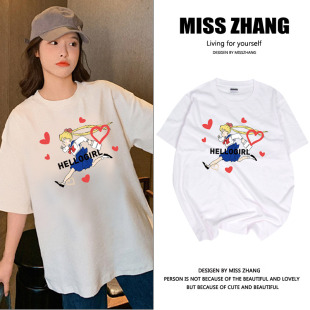 欧美复古油画t恤女2021新款ins超火白色宽松大码短袖oversize上衣
