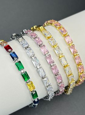 跨境外贸速卖通彩色镶石项链首饰方糖复古风甜美浪漫女网球手链