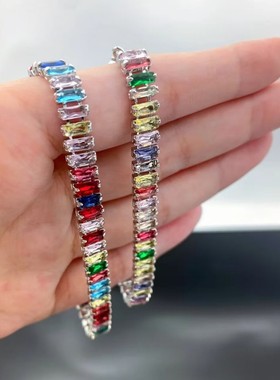 火彩多巴胺ins彩色锆石女轻奢小众精致高级感百搭长方形爪链手饰