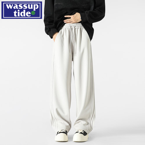 wassup tide褶皱感星空呢重磅加厚裤子男秋冬季潮宽松直筒阔腿裤