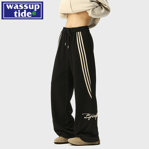 wassup tide潮牌条纹美式字母休闲裤子男春夏季情侣宽松直筒长裤