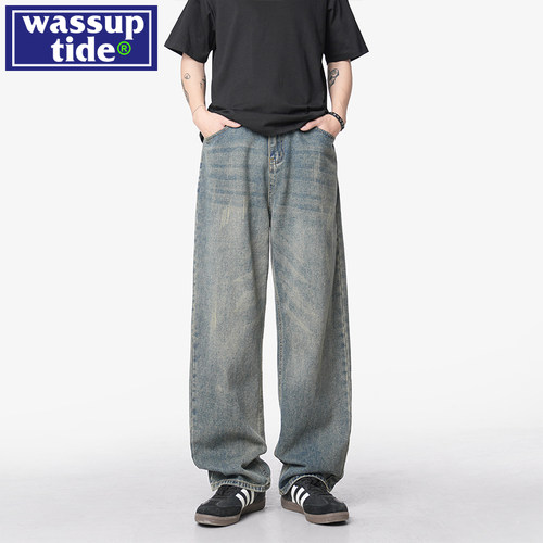 wassup tide复古阔腿牛仔裤男款春夏季2025新款宽松直筒猫须裤子