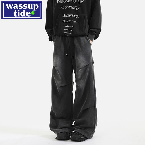 wassup tide美式水洗400G褶皱休闲裤子男秋冬季潮牌加厚直筒长裤