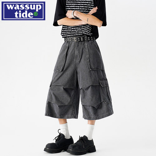 wassup tide工装七分短裤男款牛夏季2025新款潮宽松直筒伞兵裤子